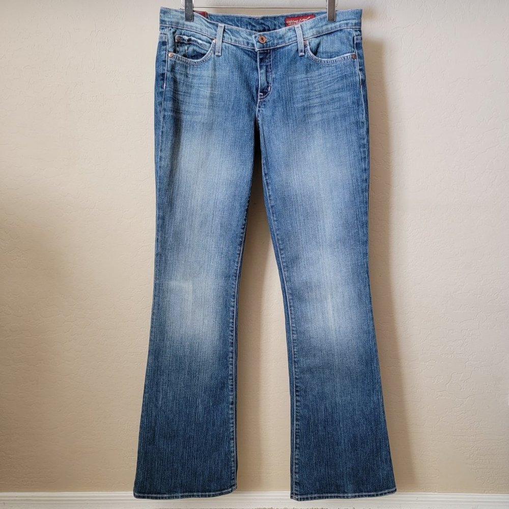 Blue 2 Medium Wash Pink Stitching Distressed Flare Denim Jeans - Picture 2 of 14